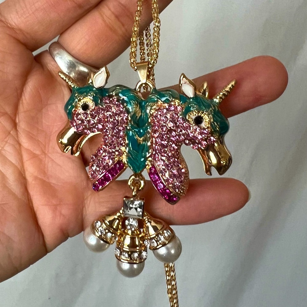 Betsey Johnson Rhinestone Embellished Pink Unicorn Pendant Necklace Designer